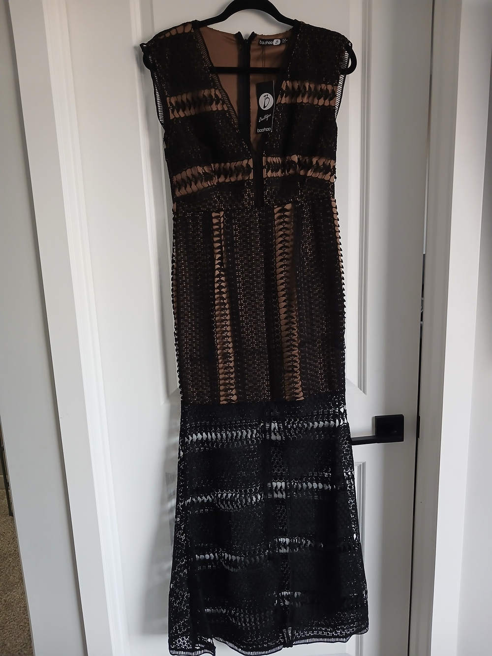 Boohoo Black Crochet Lace Maxi Dress with Nude Underlay